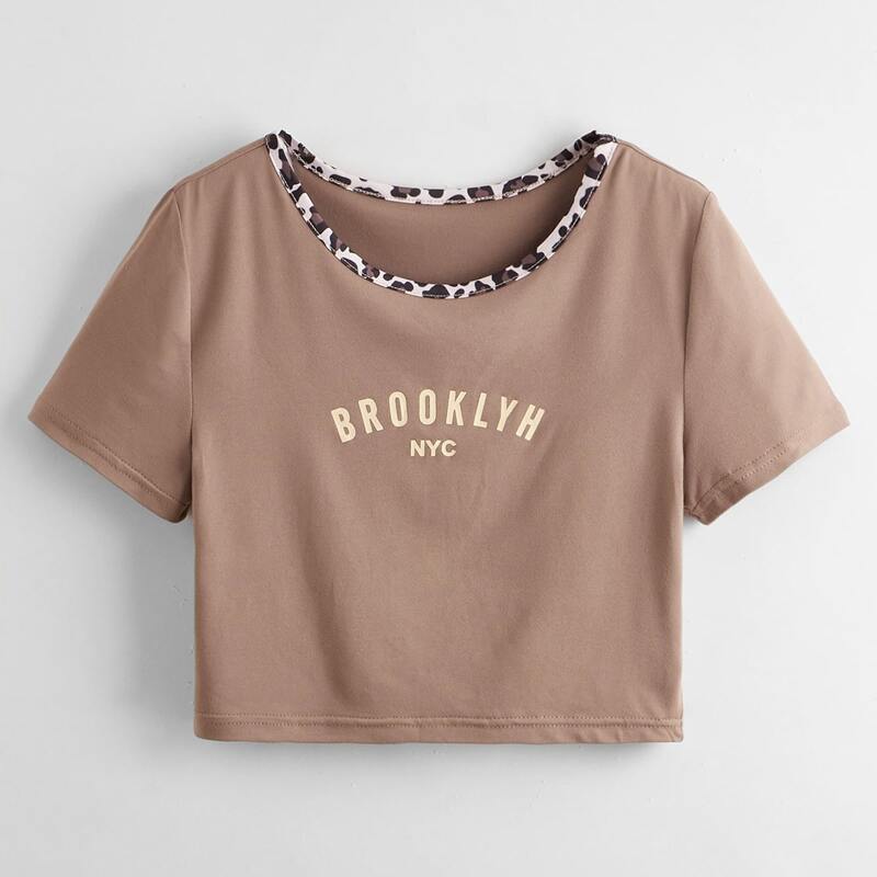 

Leopard Trim Letter Crop Tee, Mocha brown