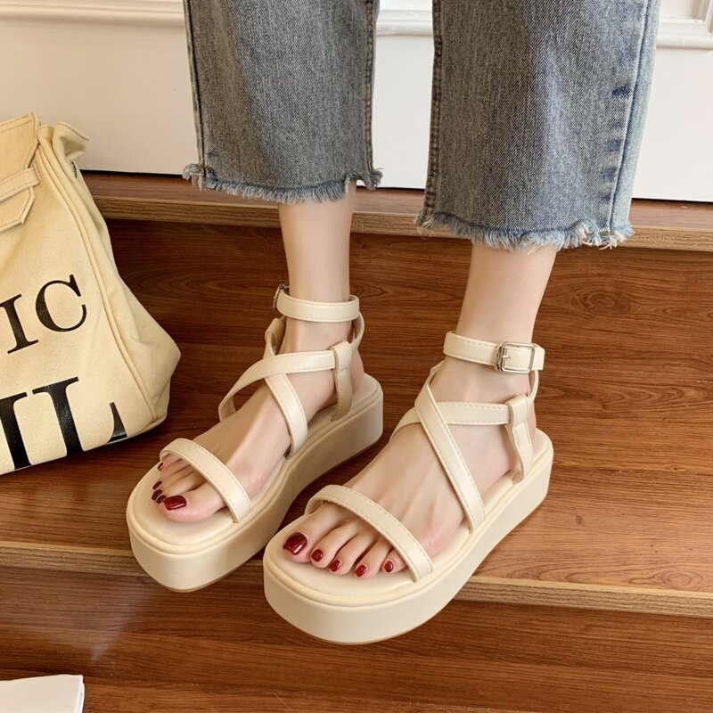

Buckle Strap Wedge Sandals, Beige