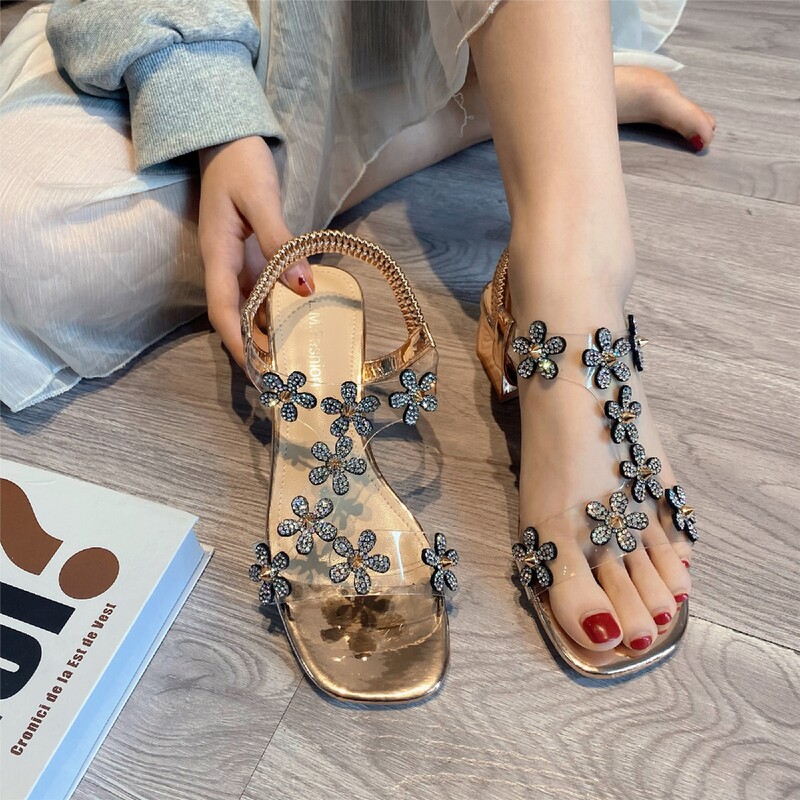 

Rhinestone Flower Decor Sandals, Gold