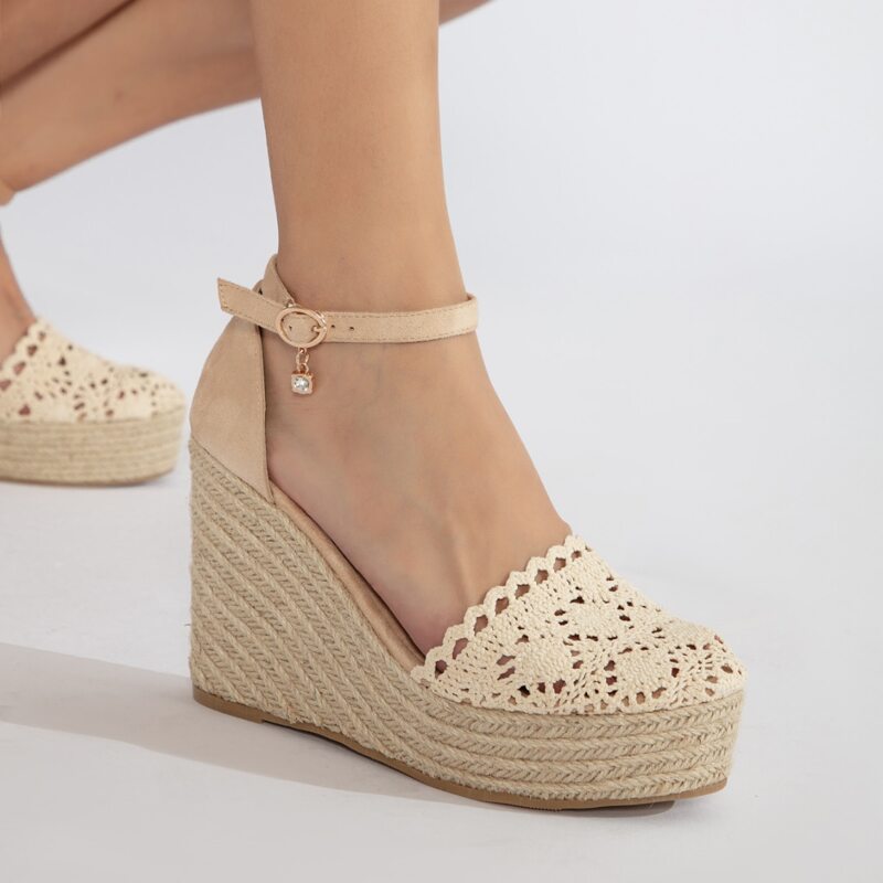 

Buckled Ankle Strap Closed Toe Wedges, Beige