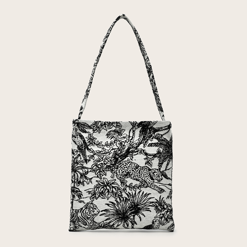 

Animal Embroidery Tote Bag, Black and white