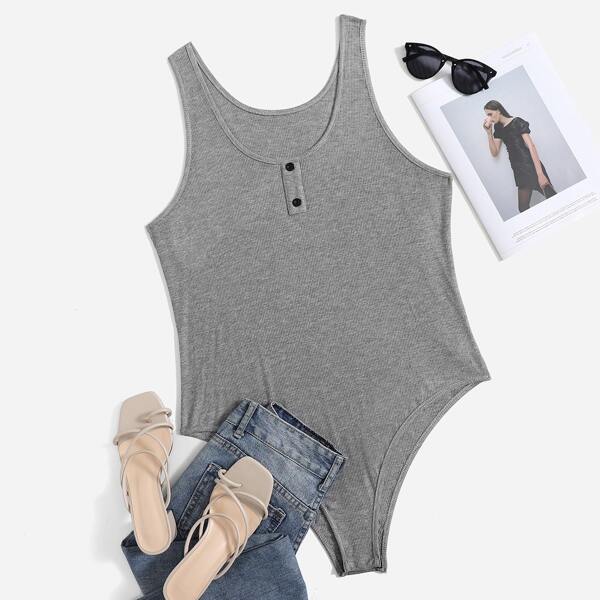 

Plus Solid Button Detail Tank Bodysuit, Grey