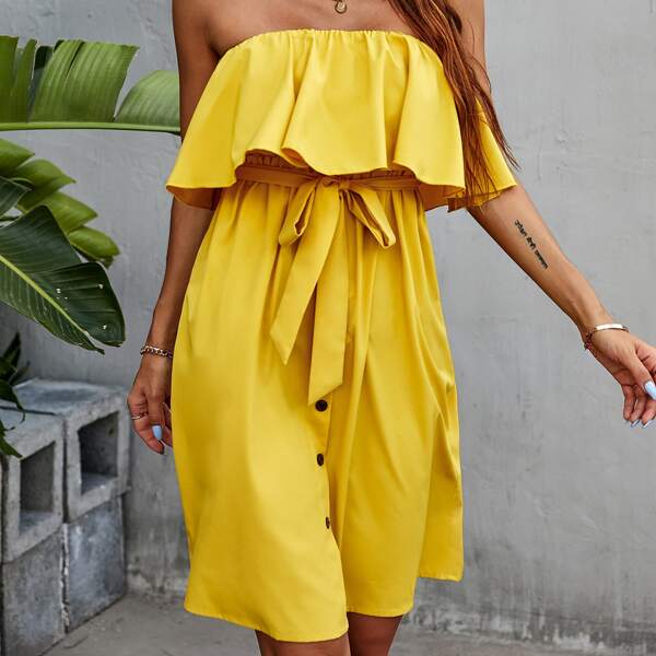 

Solid Flounce Trim Bandeau Dress, Mustard yellow