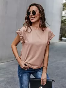 SHEIN LUNE 荷葉邊袖素色T恤 - 棕色 - 查看 1