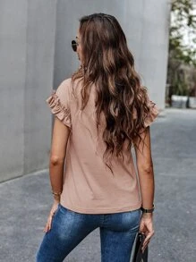 SHEIN LUNE 荷葉邊袖素色T恤 - 棕色 - 查看 2