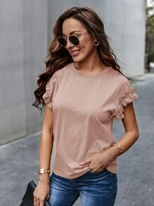 SHEIN LUNE 荷葉邊袖素色T恤 - 棕色 - 查看 4