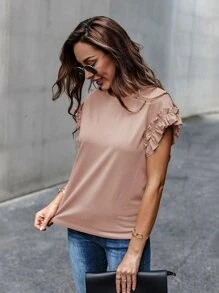 SHEIN LUNE 荷葉邊袖素色T恤 - 棕色 - 查看 5