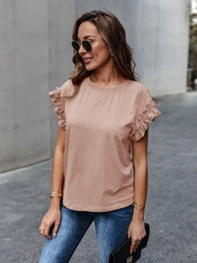 SHEIN LUNE 荷葉邊袖素色T恤 - 棕色 - 查看 6