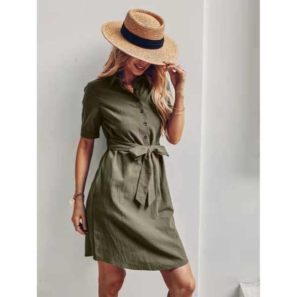 

Solid Self Tie Shirt Dress, Army green