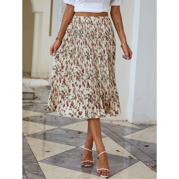 

Ditsy Floral Pleated Skirt, Beige