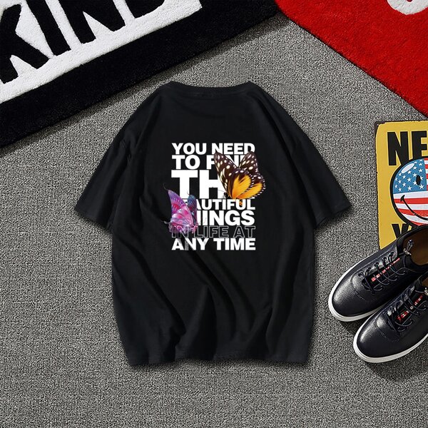 

Men Butterfly & Slogan Graphic Tee, Black