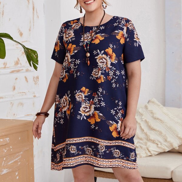 

Plus Floral Print Tunic Dress, Multicolor