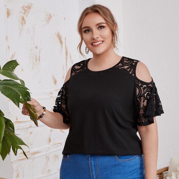 

Plus Cold Shoulder Lace Trim Top, Black