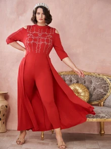 Modelyn Jumpsuit recortado con diamante de imitación de hombros descubiertos con falda