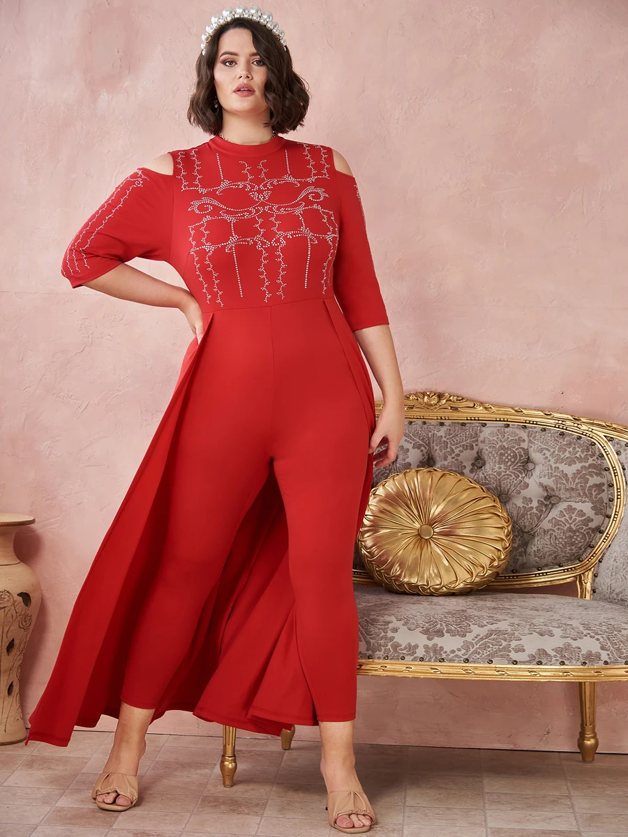 Modelyn Jumpsuit recortado con diamante de imitación de hombros descubiertos con falda