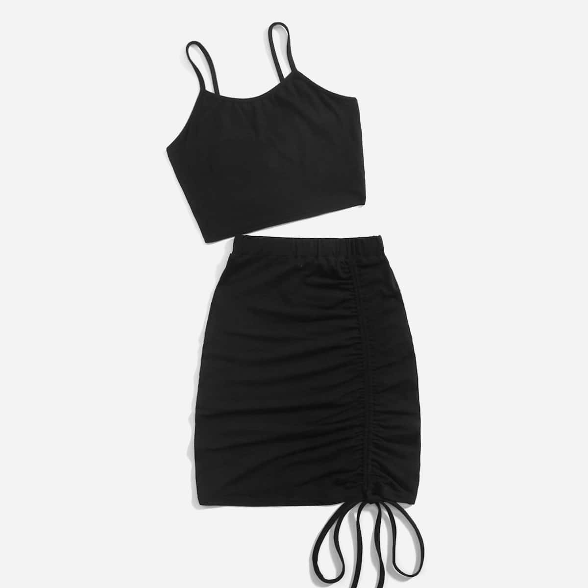 

Solid Crop Cami & Drawstring Ruched Skirt, Black