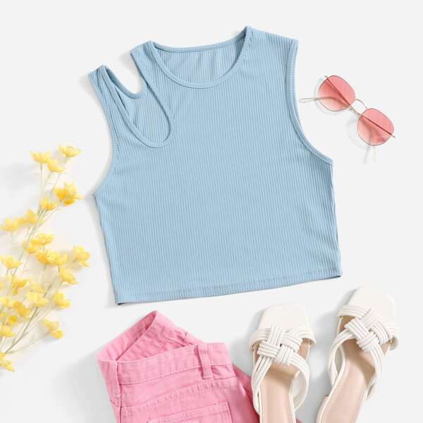 

Cutout Shoulder Rib-knit Tank Top, Baby blue