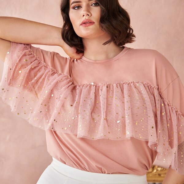 

Plus Glitter Mesh Ruffle Trim Tee, Coral pink