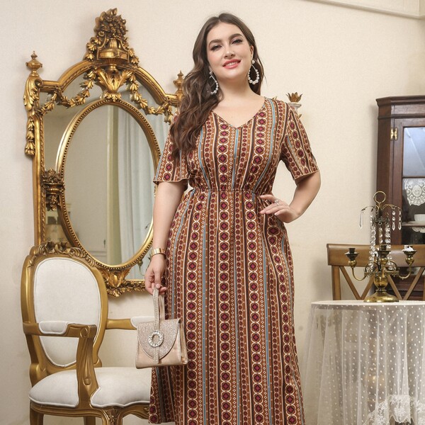 

Plus Geo & Striped A-line Dress, Multicolor