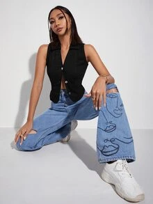 Top mezclilla con botón delantero - Negro - Ver 3