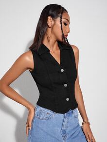 Top mezclilla con botón delantero - Negro - Ver 5