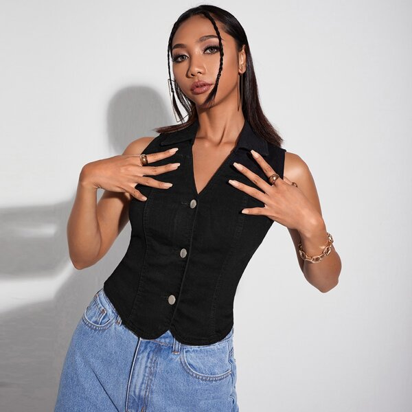 

Button Front Denim Top, Black