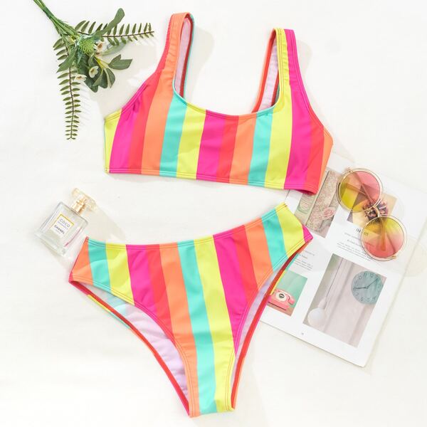 

Striped Scoop Neck Bikini Swimsuit, Multicolor
