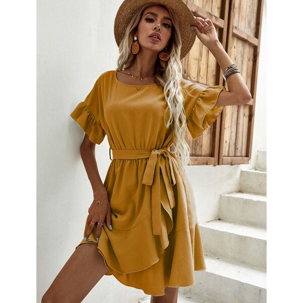 

Solid Ruffle Trim Belted Dress, Mustard yellow