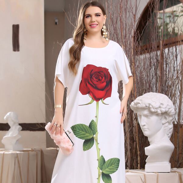 

Plus Rose Print Batwing Sleeve Dress, White