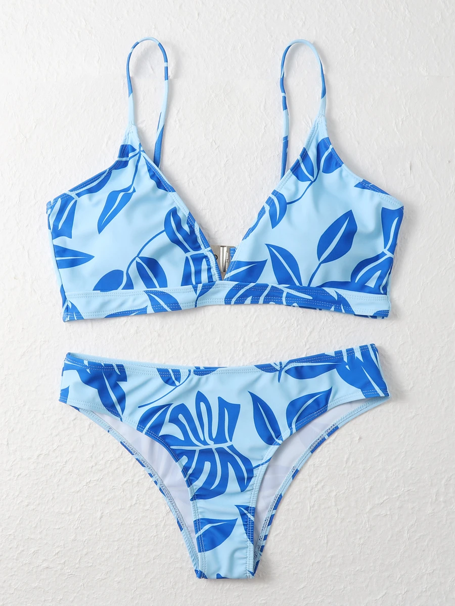 叶子随机印花比基尼夏日海滩 - 藍色 - 查看 1