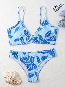 叶子随机印花比基尼夏日海滩 - 藍色 - 查看 3