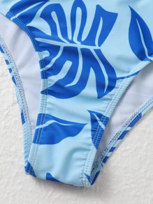 叶子随机印花比基尼夏日海滩 - 藍色 - 查看 4