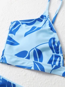 叶子随机印花比基尼夏日海滩 - 藍色 - 查看 5