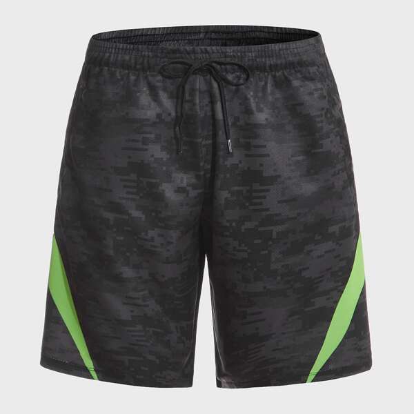 

Men Colorblock Drawstring Waist Sports Shorts, Dark grey