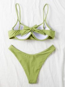 Plain Push Up High Cut Bikini Set, For Summer Beach Vacation - Olive Green - View 2