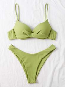 Plain Push Up High Cut Bikini Set, For Summer Beach Vacation - Olive Green - View 4