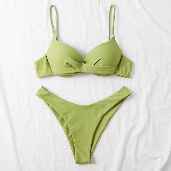 

Twist Front Push Up Bikini Swimsuit, Olive green