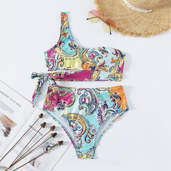 

Floral Random Print Knot One Shoulder Bikini Swimsuit, Multicolor