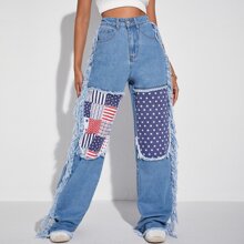 Patchwork Print Panel Fringe Detail Wide Leg Jeans