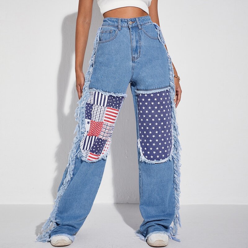 

Patchwork Print Panel Fringe Detail Wide Leg Jeans, Medium wash