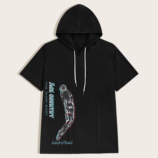 

Men Slogan And Figure Graphic Hooded Tee, Black