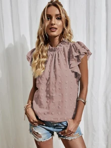 SHEIN Privé Layered Sleeve Swiss Dot Top - Dusty Pink - View 3