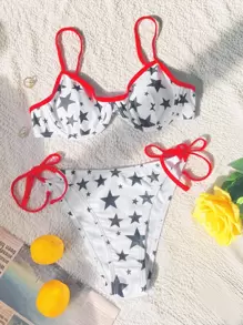 夏季星星印花撞色绑带吊带比基尼