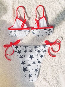 夏季星星印花撞色绑带吊带比基尼