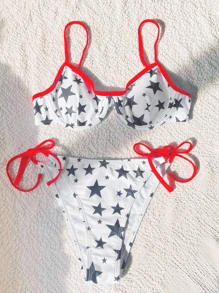 夏季星星印花撞色绑带吊带比基尼