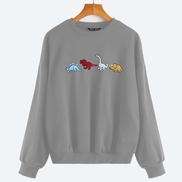 

Drop Shoulder Dinosaur Patched Pullover, Grey