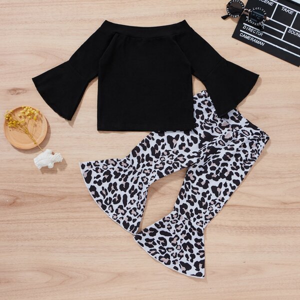 

Baby Girl Flounce Sleeve Tee With Leopard Flare Leg Pants, Multicolor