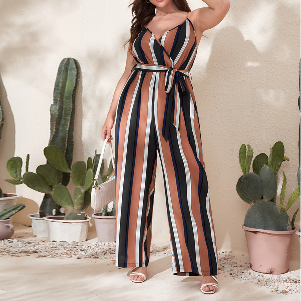 

Plus Striped Surplice Front Belted Wide Leg Cami Jumpsuit, Multicolor