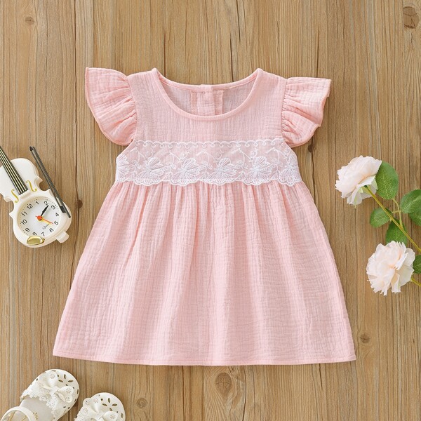 

Baby Girl Contrast Lace Ruffle Babydoll Dress, Baby pink