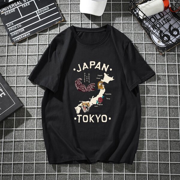 

Men Letter And Animal Print Tee, Black